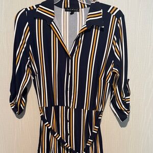 Derek Heart Navy Striped Button-Front Shirt Dress with Mustard and White Stripes